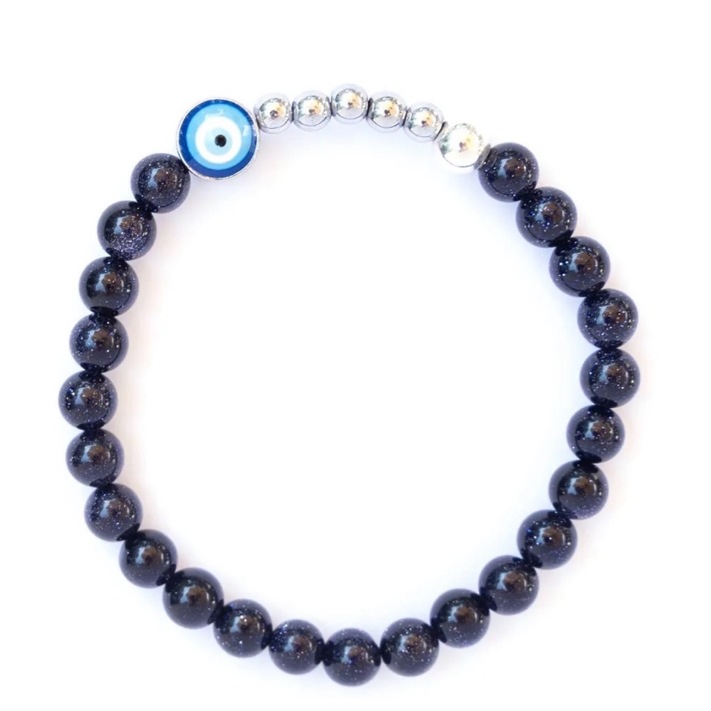 April Soderstrom Ojo Stretch Bracelet Blue Tiger Eye Silver Beads Evil Eye